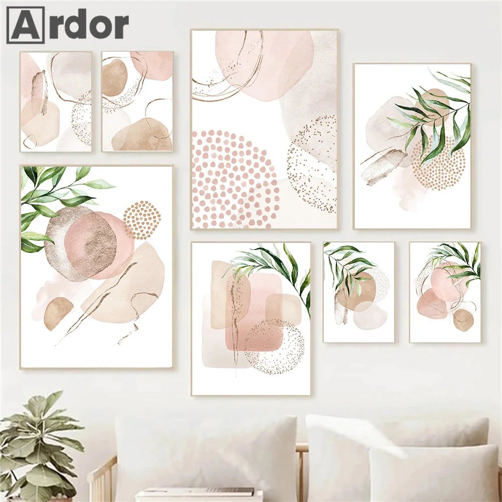 Modern Abstract Beige Pink Geometric Green Leaf Minimalist Poster Canvas Painting Boho Wall Art Print Pictures Living Room Decor