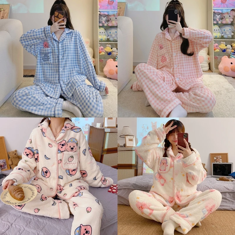 

Cute Loopy Plaid Velvet Sleepwear Women'S Winter Velvet Cartoon Home Clothes Suit Girls Daily Comfort Home Wear Pajamas