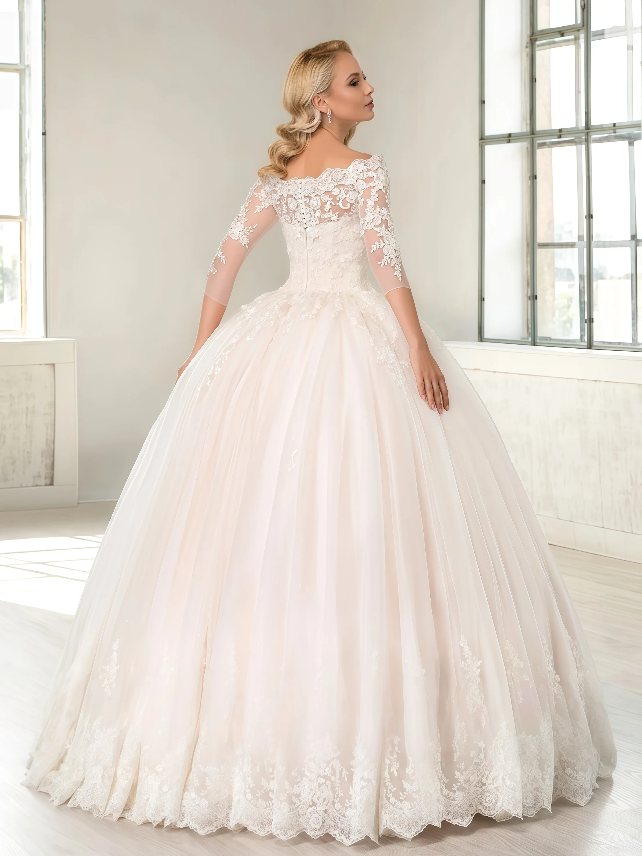 맞춤형 우아함 뉴 클래식 보트넥 볼 가운 웨딩드레스 꽃 비즈 장식 트레인 프린세스 신부 드레스