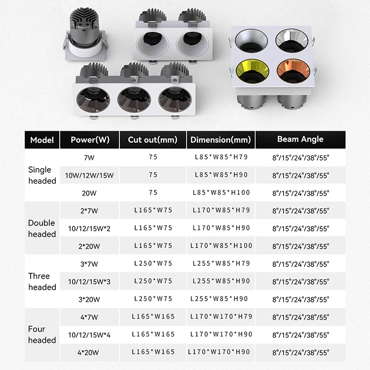 Faretti a LED da incasso a soffitto per soggiorno con faretto quadrato in alluminio combinato a quattro teste