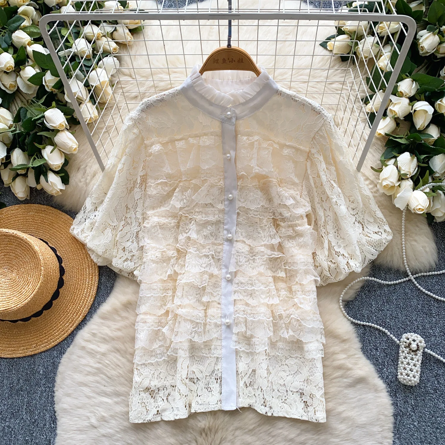 

2025 Summer New Fashion Women's Casual Lace Single-breasted Short Lantern Sleeve O-neck Solid Color Shirts Female Clothes Tops