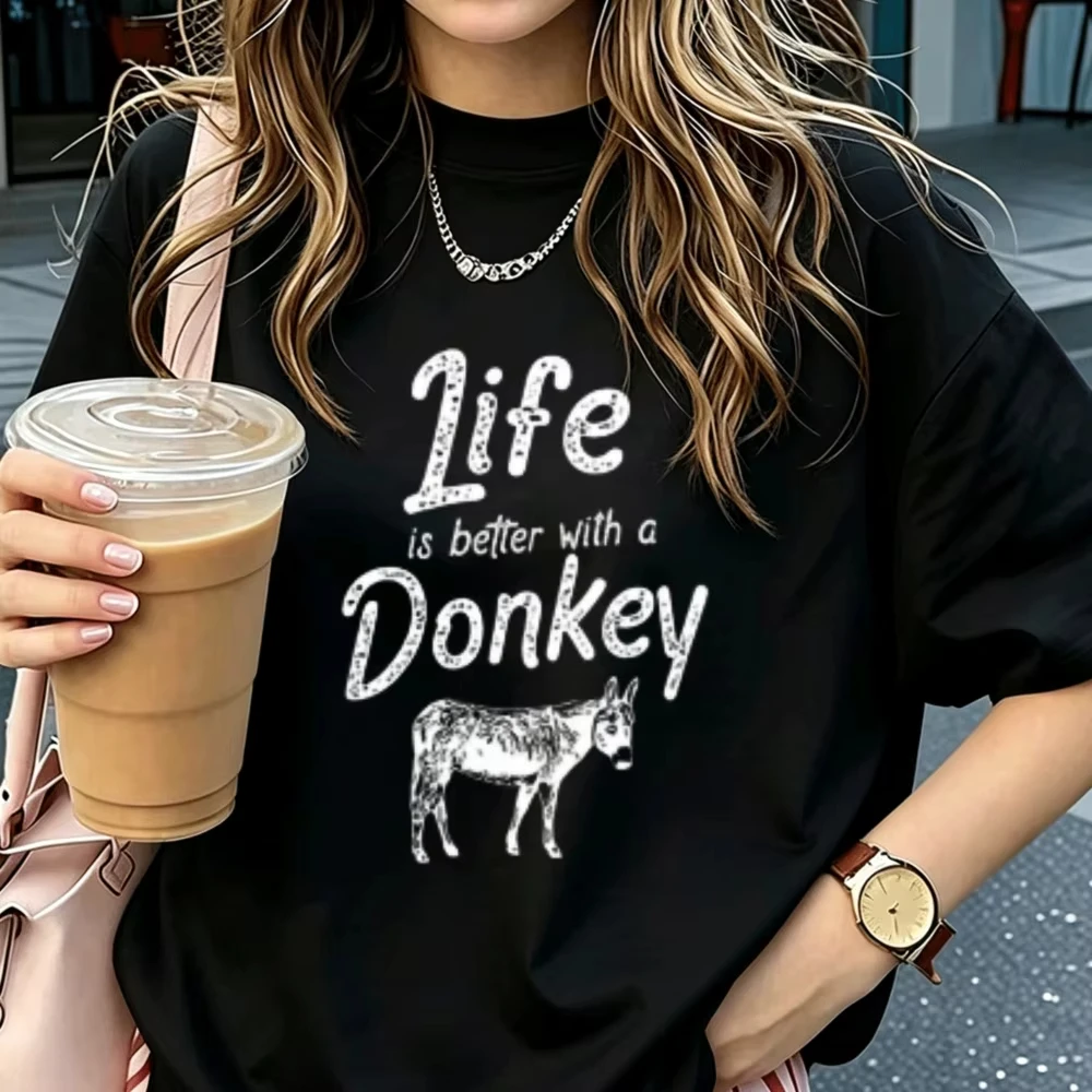 Life Is Better with A Donkey Graphic Cotton T‑Shirt Farm Animal Slogan Print O‑Neck Casual Country Farmhouse Streetwear Tops Tee
