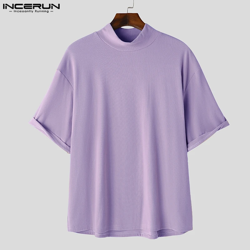 Incerun-男性用半袖Tシャツ,単色,タートルネック,ファッショナブル,韓国スタイル,カジュアル,2021