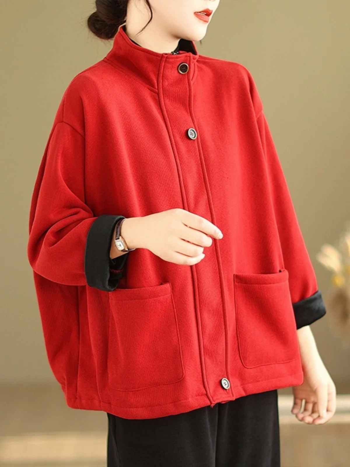 Cardigan da donna con colletto alla coreana foderato in Fce, capispalla casual allentato e caldo, vintage Faion autunno inverno