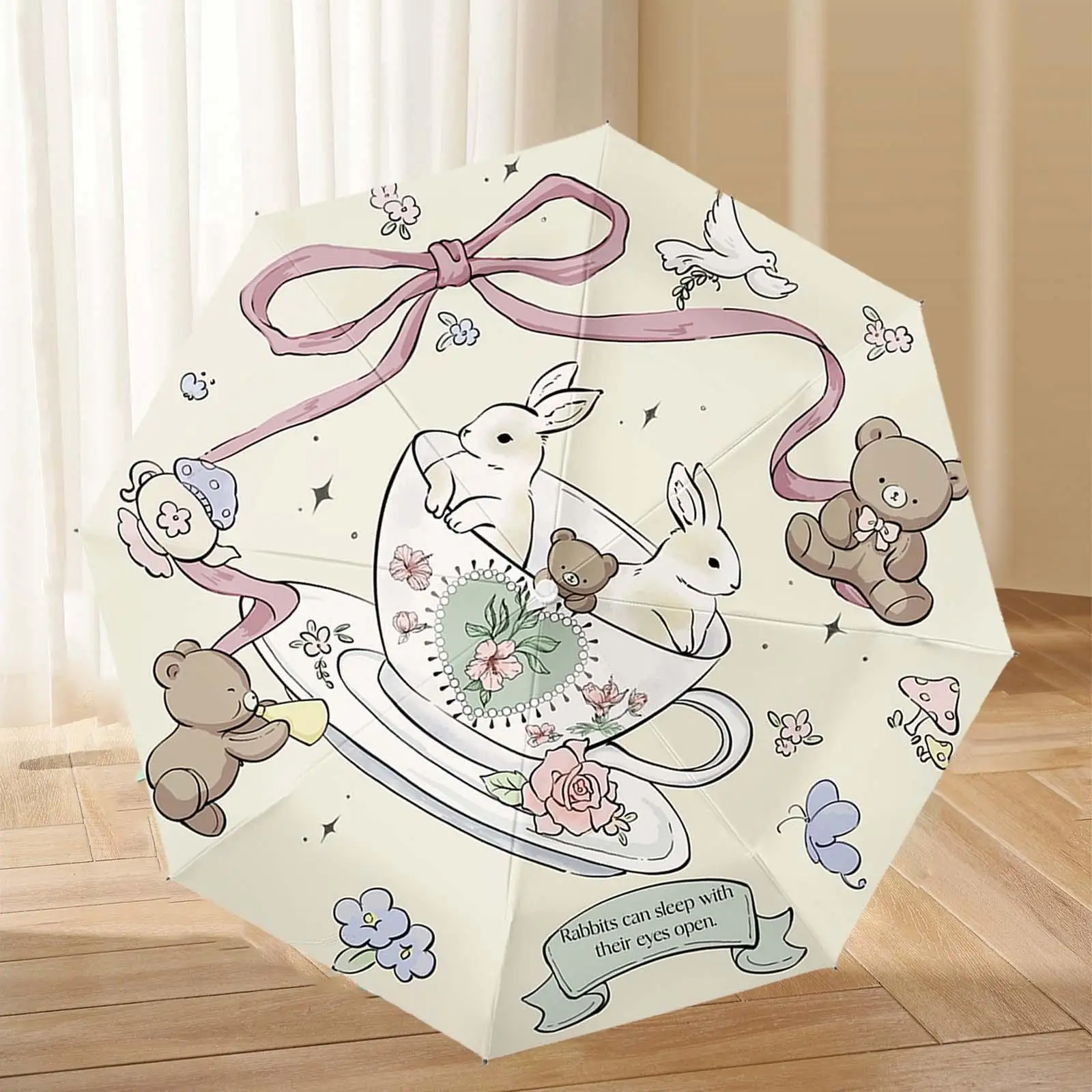 Folding Umbrella Cartoon Rabbit Compact Travel Sun Rain Umbrella Small Cute Portable Umbrella for Girls Kids