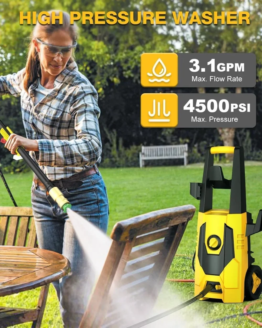 Lavadora eléctrica de 4500PSI Max 3,1 GPM con cable de alimentación de 35 pies, manguera de 20 pies, depósito de jabón, limpieza para jardín, patios, patio