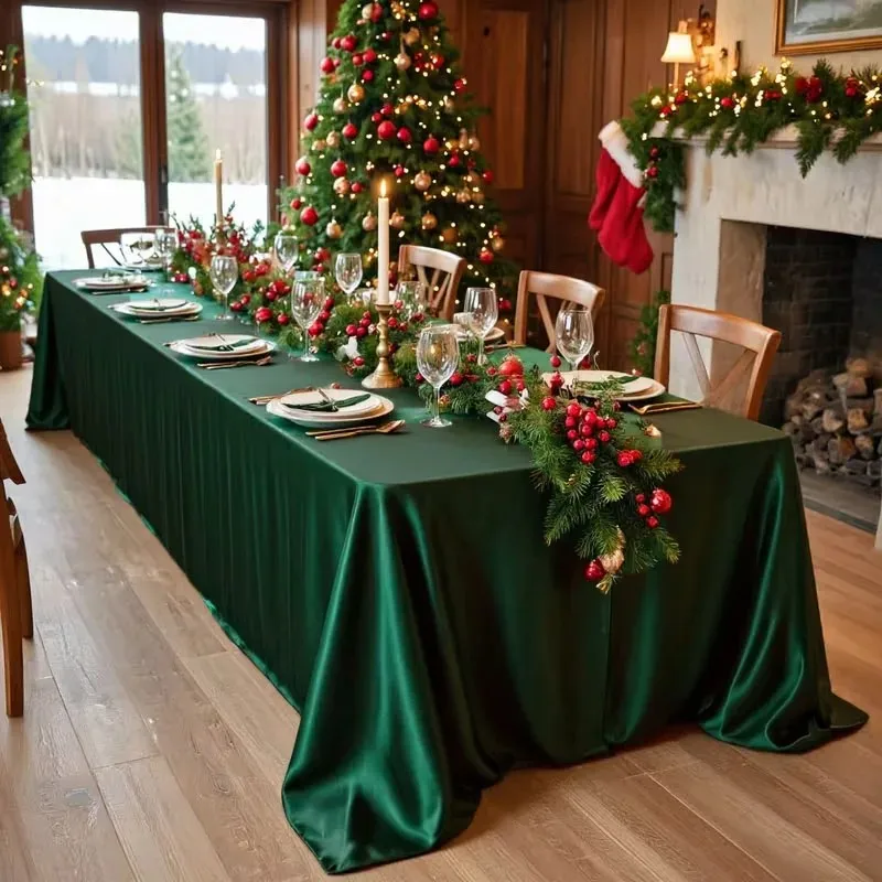 VIKAMA Dark Green Satin Tablecloth Rectangle Shiny Smooth Silk Table Cover for Christmas Wedding Party Dining Room Decor