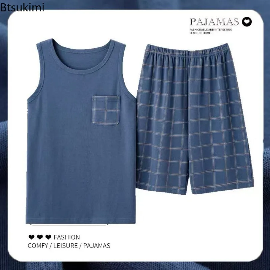 

2025 New Men's Pajamas Sets Casual 100% Cotton Home Wear Sleeveless O-Neck Vest and Shorts Two Piece Sets Summer Couple Pajamas