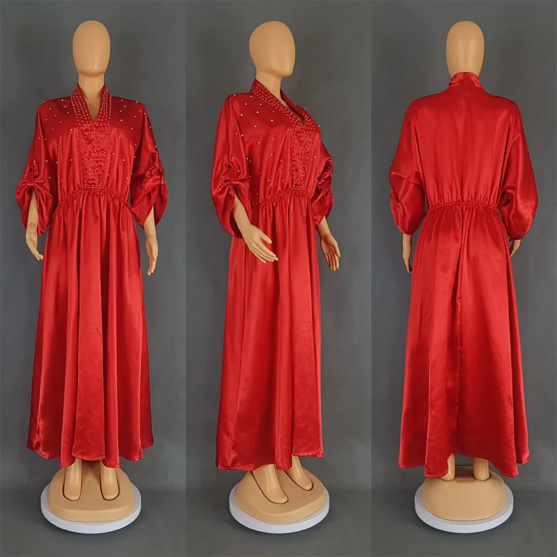 Elegancka sukienka damska do pracy, z wysokim stanem, zdobiona koralikami, w jednolitym kolorze, z satynowym kołnierzykiem.