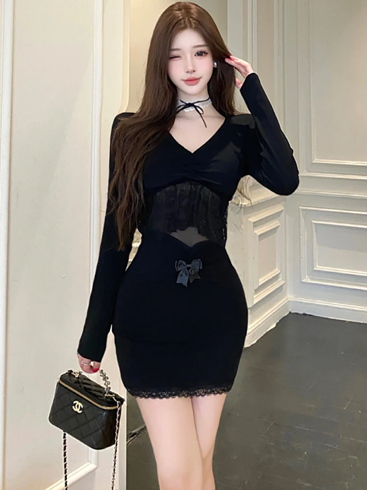 

Autumn Black Patchwork Lace Bow Y2k Mini Dress Women Korean Vintage Long Sleeve V-Neck Sexy Dress 2025 Elegant Bodycon Vestidos