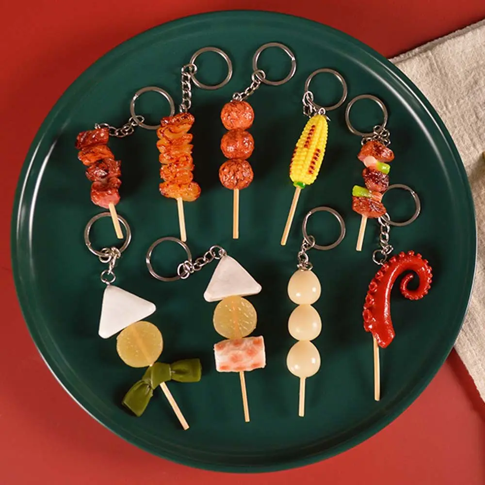 1Pc Mini Simulation BBQ Food Keychain Resin Oden Corn Squid Key Chain Restaurant Client Gift Chef Cook Keyring Jewelry