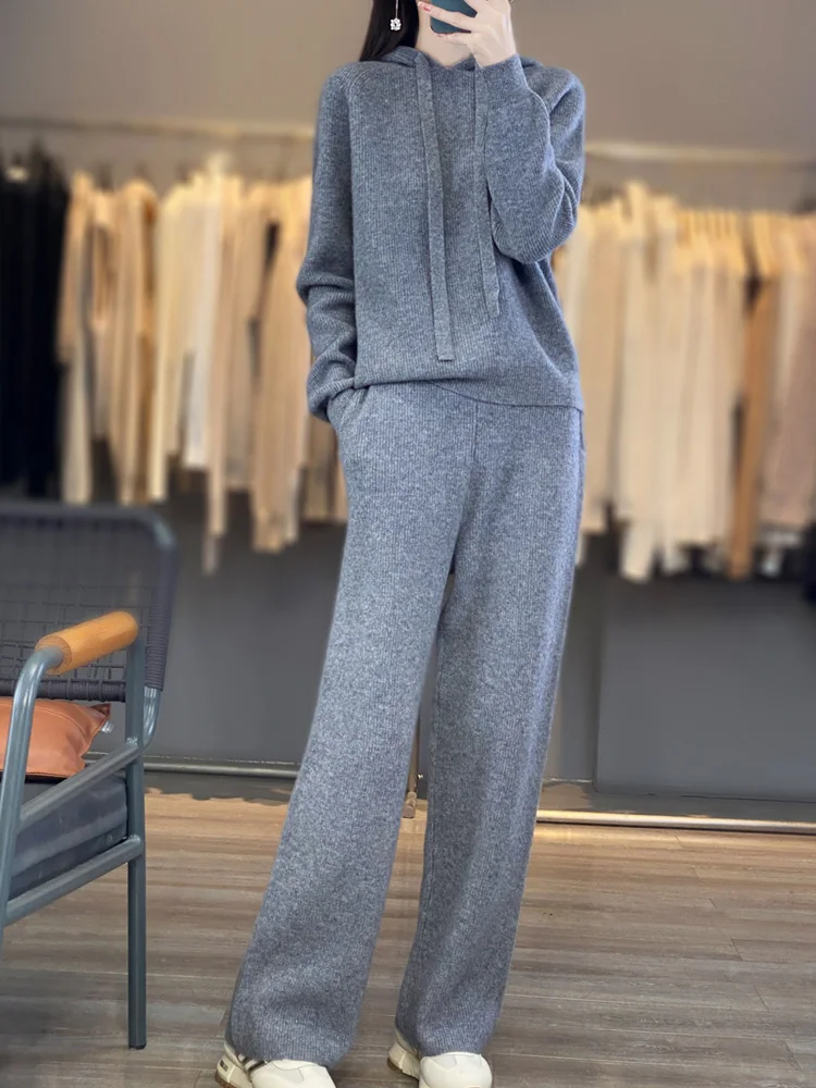 100%Australian Wool Knitted 2 Piece Sets Women Casual Long Sleeve Hooded Sweater Elastic High Waisted Wide Leg Pants Suit Outfit