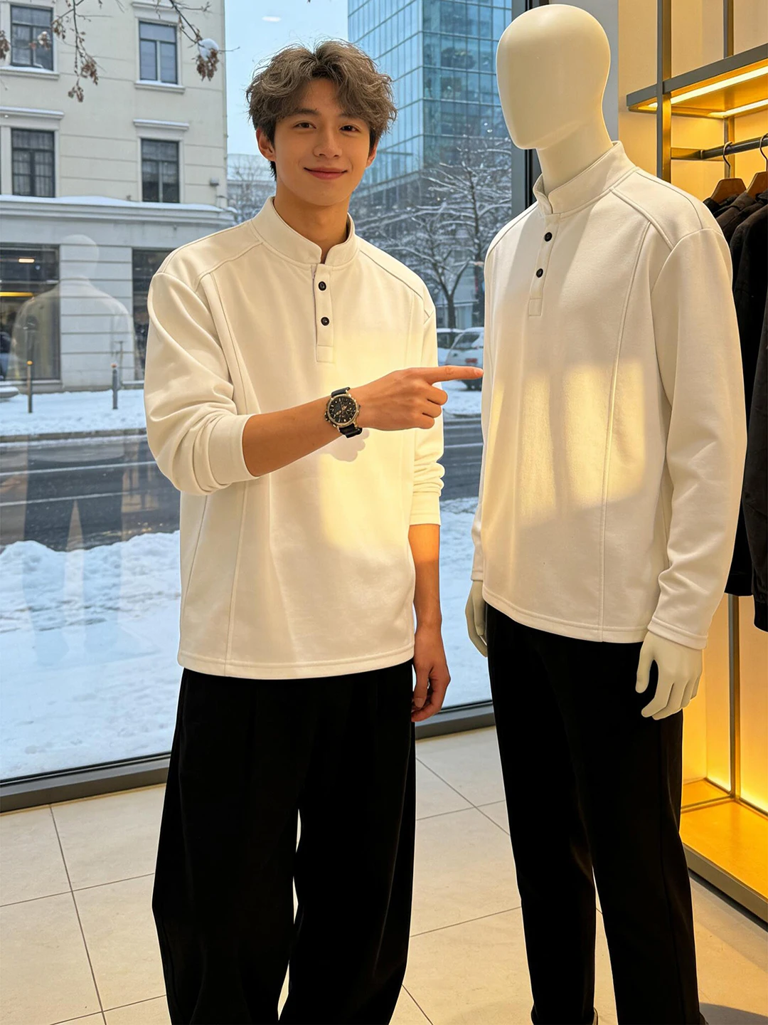 

Белая мужская толстовка с воротником-хенли и длинными рукавами, на флисовой подкладке, повседневная, теплая, удобная, свободного кроя, зимний базовый слой