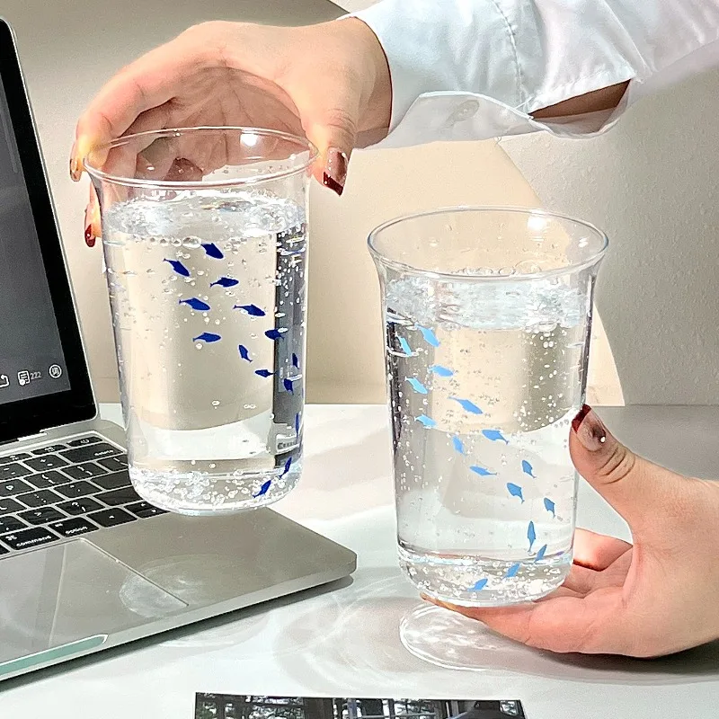 1pc Ins Style Printed Small Fish Glass Cup Flip Over Milk Juice Coffee Cup High Aesthetic Drinking Utensil