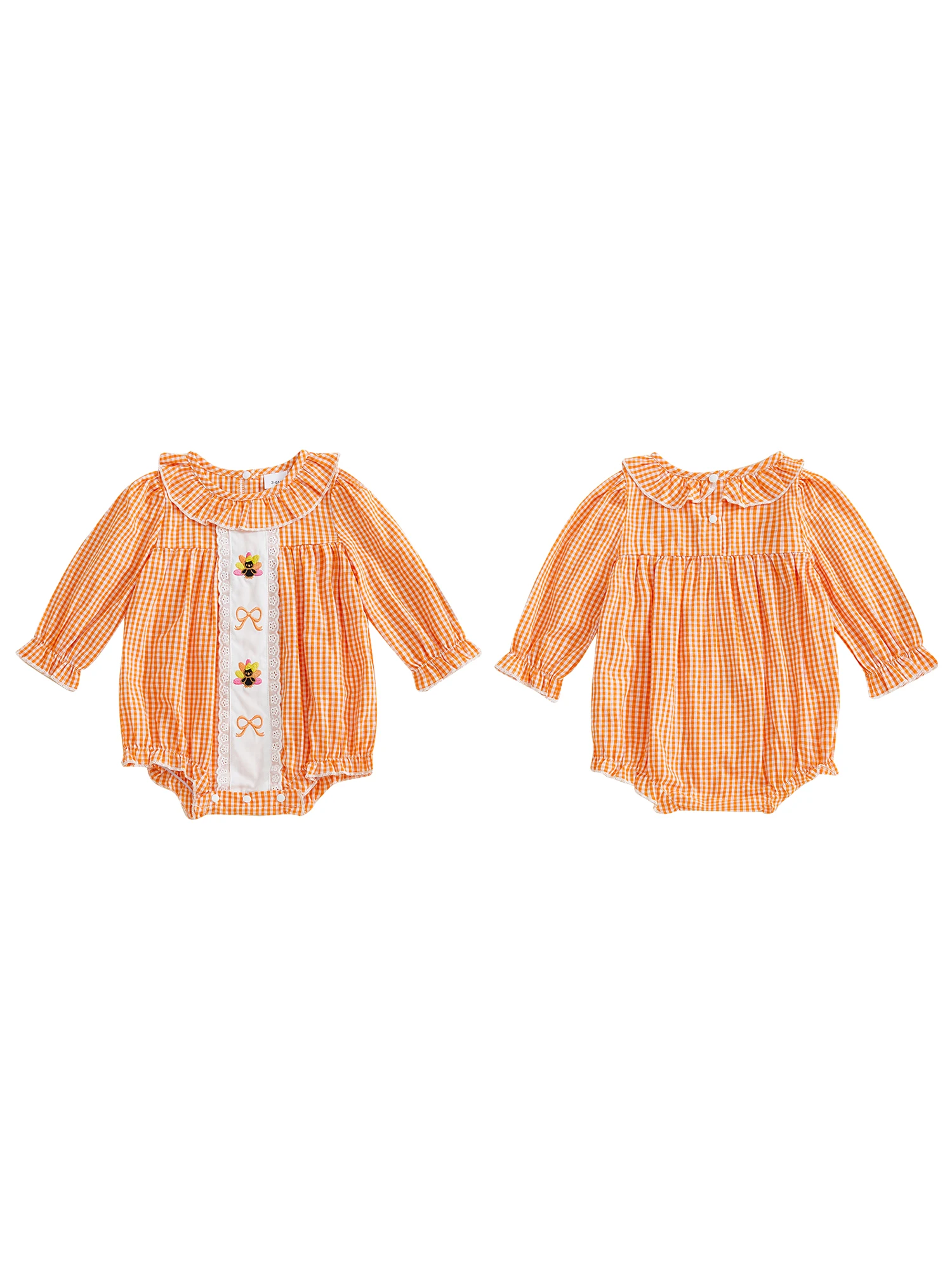 

Infant Girls Jumpsuit Adorable Turkey Embroidered Plaid Romper for Thanksgiving Celebration - Long Sleeve Crew Neck Bodysuit