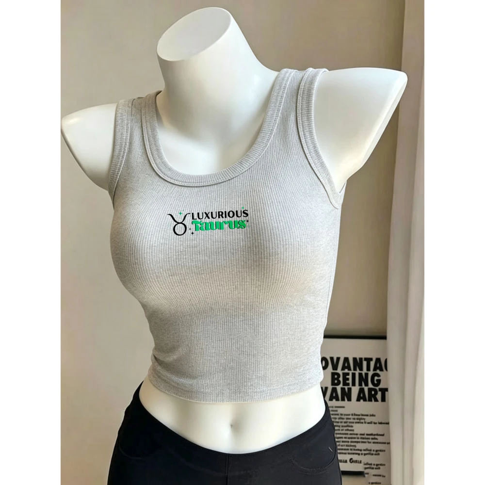 Luxurious Taurus Zodiac Symbol Letter Camisole Ribbed Tank Top Crop Y2k Top Ladies Sleeveless Bodycon Cropped Vest Astrology Tee