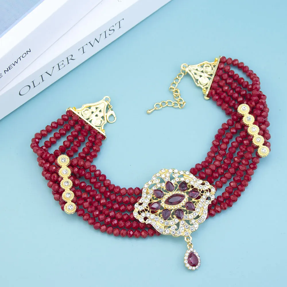 

Neovisson Moroccan Fashion Style Handmade Beads Choker Necklace Gold Color Bride Jewelry Crystal Farima Eyes Pendant Gift