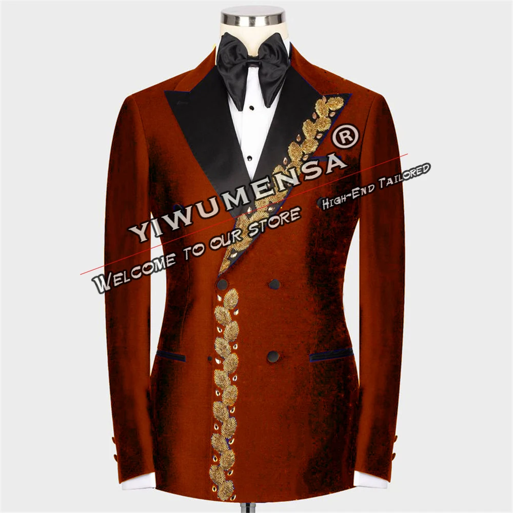 Double Breasted Suits Men For Wedding Gold Appliques Beaded Lapel Jacket Pants 2 Pieces Male Fashion Groom Tuxedos Tailored Made