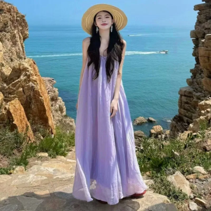 

Богемное морское праздничное стильное фиолетовое платье на подтяжках женское летнее сексуальное свободное длинное пляжное платье с открытой спиной