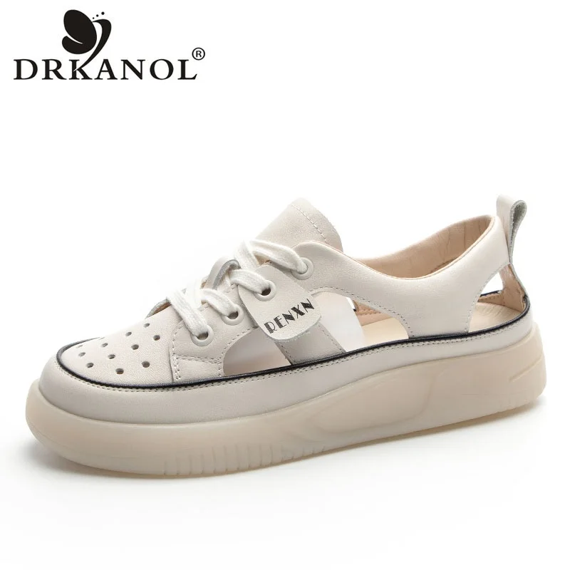 

DRKANOL 2024 Hollow Out Breathable Summer Shoes Women Genuine Leather Lace-Up Cow Muscle Soft Sole Leisure Flat Board Shoes