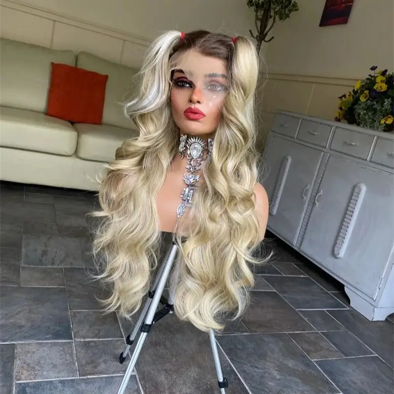 Ombre Ash Blonde Body Wave Lace Front Synthetic Wig Middle Part Hairline Dark Roots With Preplucked Realistic Hairline Wig 28''