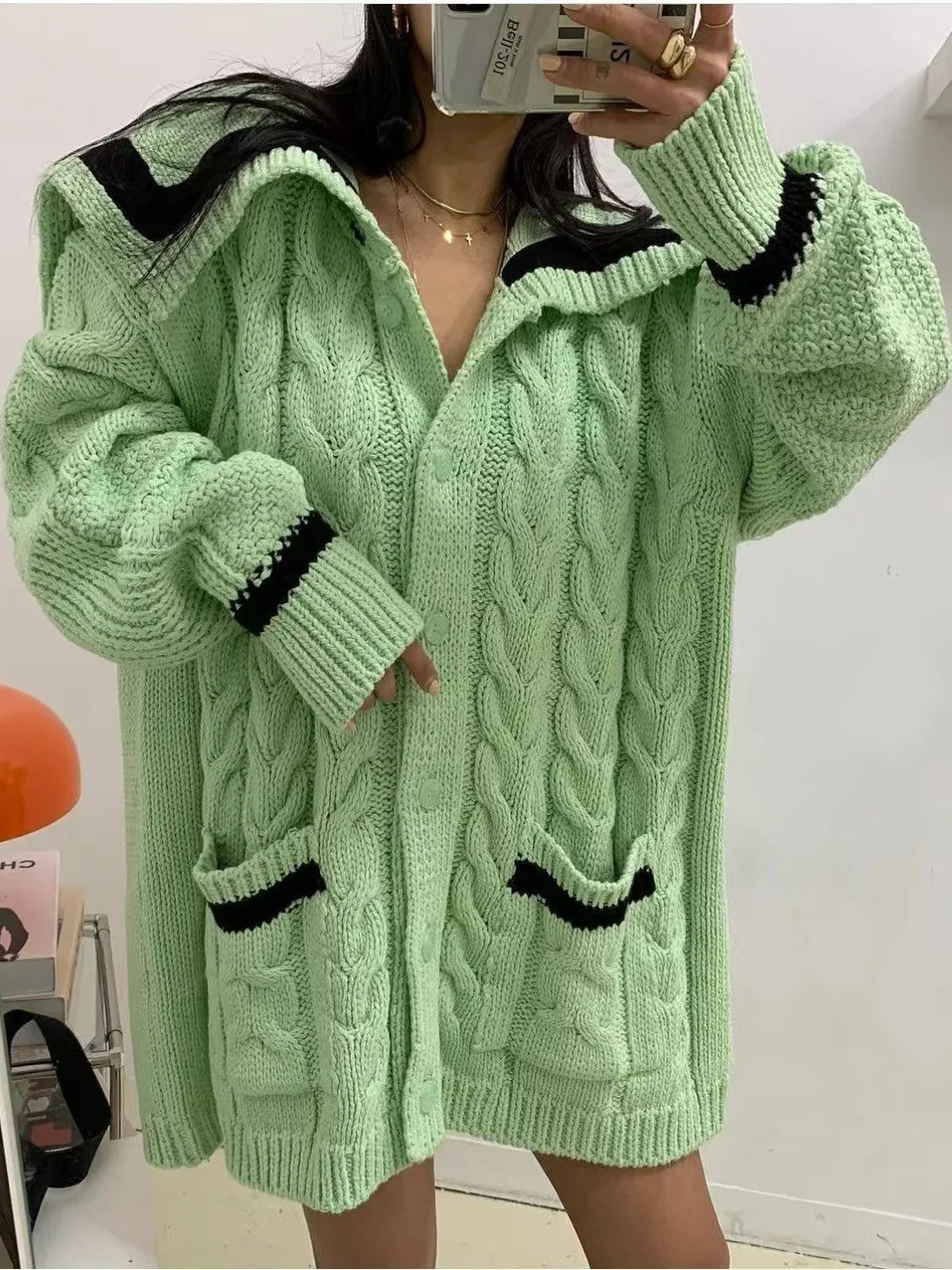 

Faionable Knitted Thiened Winter Sweater Women's Loose Long Sve Twist Knitwear Stand Collar Coat Sle Winter Outerwear