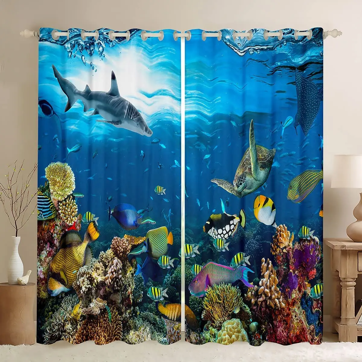 Kids Cartoon Ocean Fish Curtains Ocean Marine Theme Window Drapes for Bedroom Living Room Decor Boys Girls Sea Underwater World