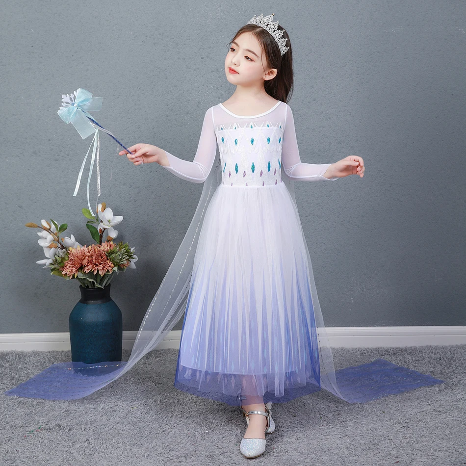 Elsa Cosplay Trajes para Meninas Snow Queen Manga Comprida Princesa Vestidos Aniversário Halloween Party Carnival Clothes Vestido