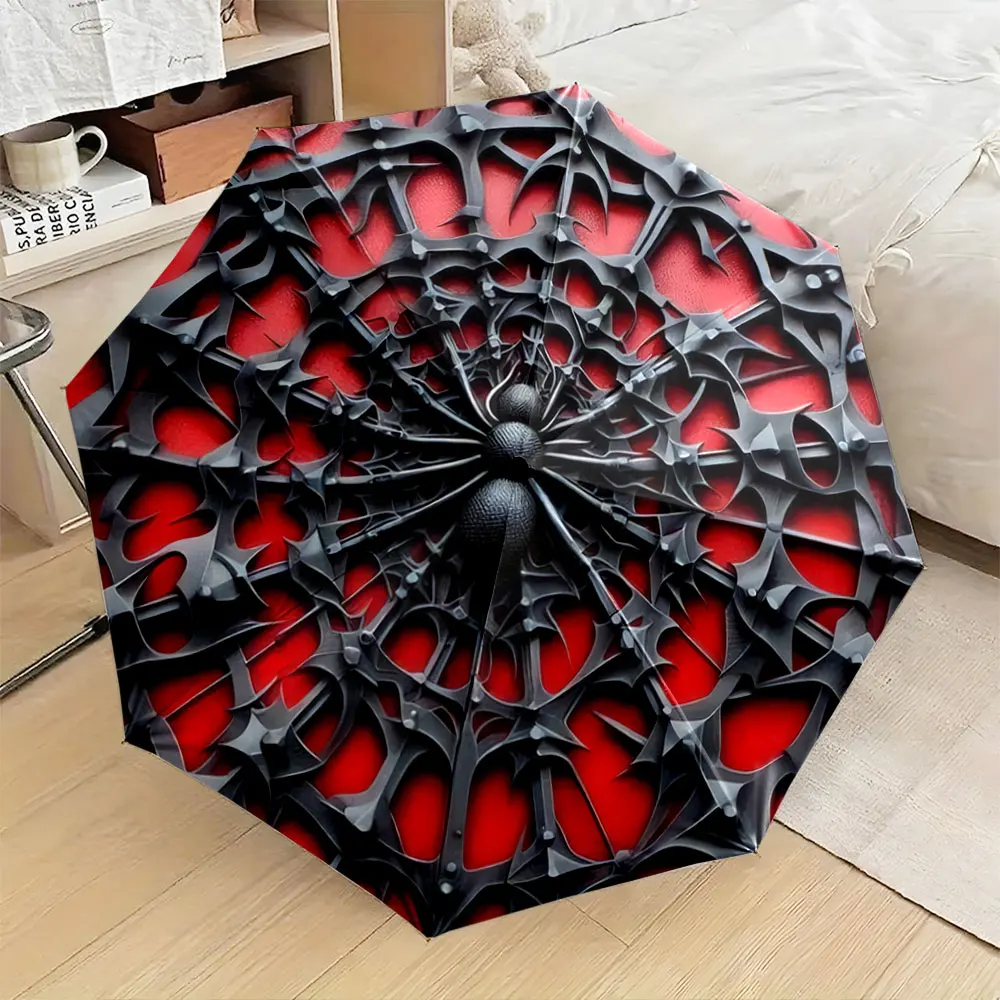 1PC Unique Spider-Themed Umbrella with Bold Red and Black Design Print 8 Iron Ribs Folding Umbrella Auto-Open Fashion Sunshade