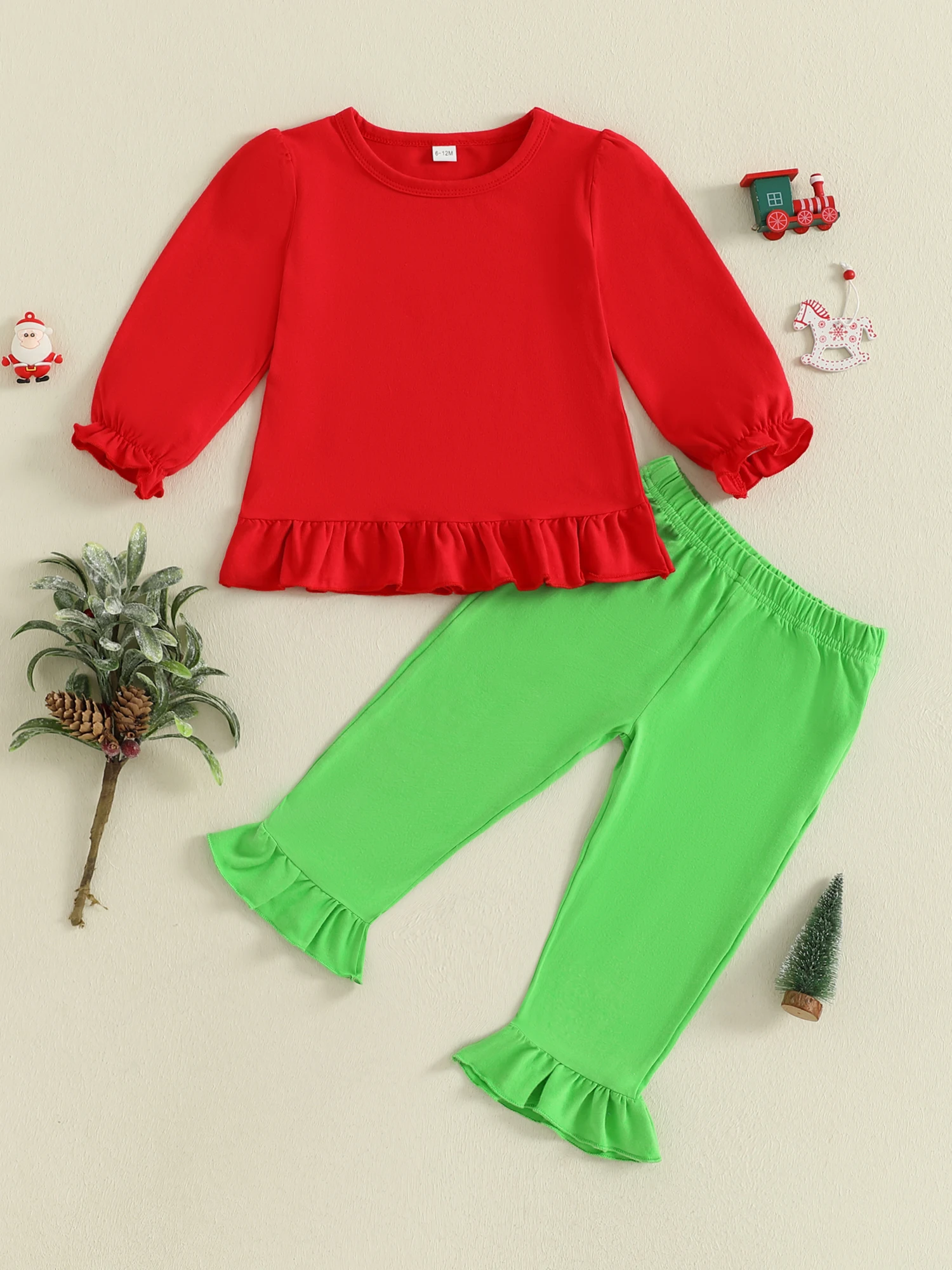 

Girls Christmas Outfit Red Long Sleeve Round Neck Tops Green Flare Pants 2 Pieces Set for Toddler Girls
