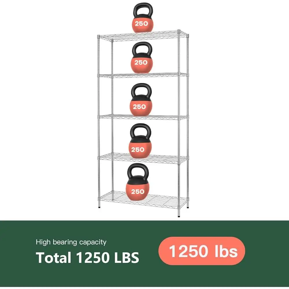 Estante de metal ajustável de 5 camadas, rack de fio resistente, armazenamento de garagem de cozinha, organizador comercial, capacidade de 250 lbs