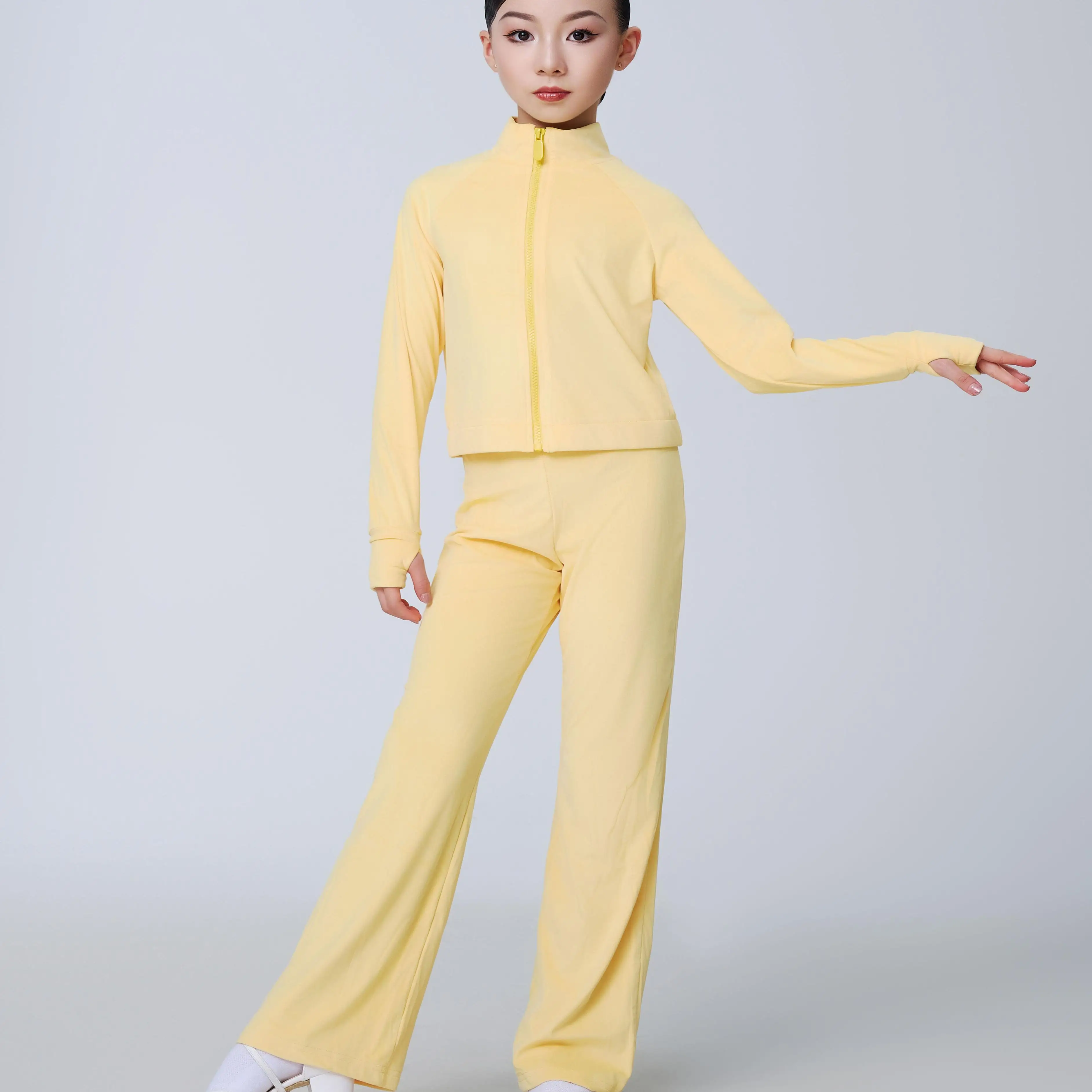 UK Latin dansjurk Dames gele trainingsset met ritssluiting aan de voorkant en versterkte stof voor prestatiepraktijk