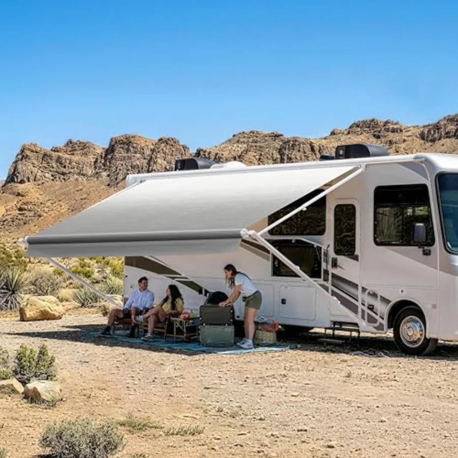 

Manual RV Awning for RVCamperTravel Trailers14x8Ft White Frame Silver Fade Roll Out Awning Kit with Durable Fabric for Outdoor