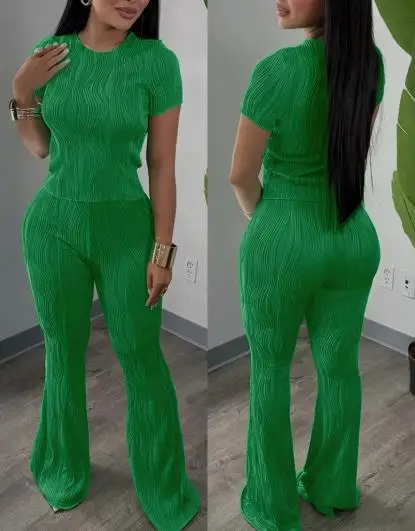 

Two Piece Set Women Outfit 2025 New Textured Round Neck Short Sleeve Crop Top & Elastic Waist Slim Fit Casual Flared Pants Set