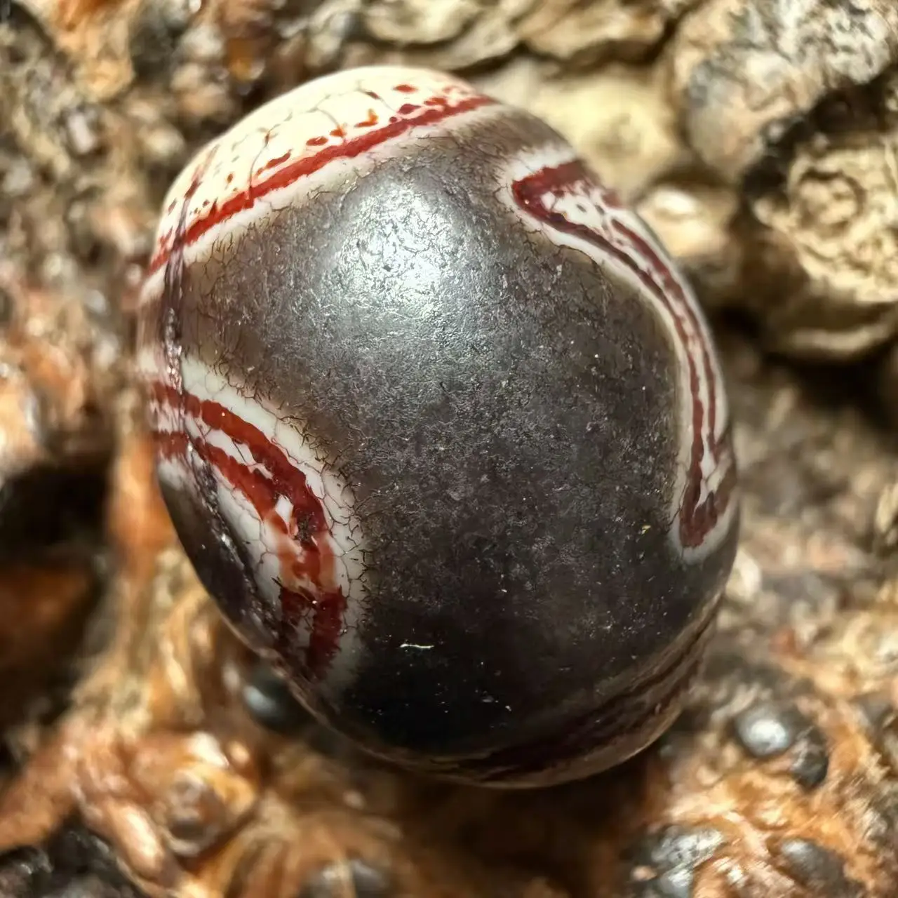 Old Tibetan Agate Calcified folds in redness dragon scale Darrow heaven and earth totem Dzi Bead Pendant Amulet 20x17mm