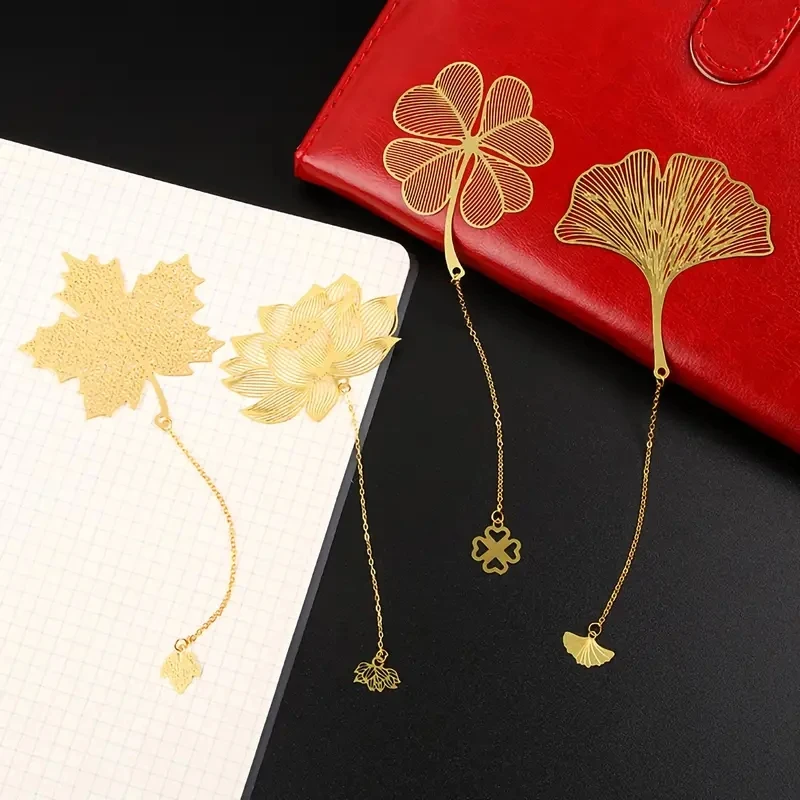 1/4pcs Chinese style leaf vein metal pendant bookmark, hollow maple leaf, four leaf clover, ginkgo leaf, lotus bookmark