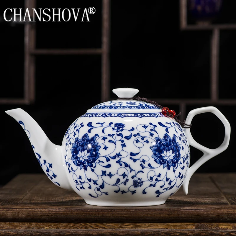 CHANSHOVA-Chinese Blue and White Thin Porcelain Teapot, High Capacity 320ml 1L Ceramic Tea Pot, Chinese Retro Tea Set, H145