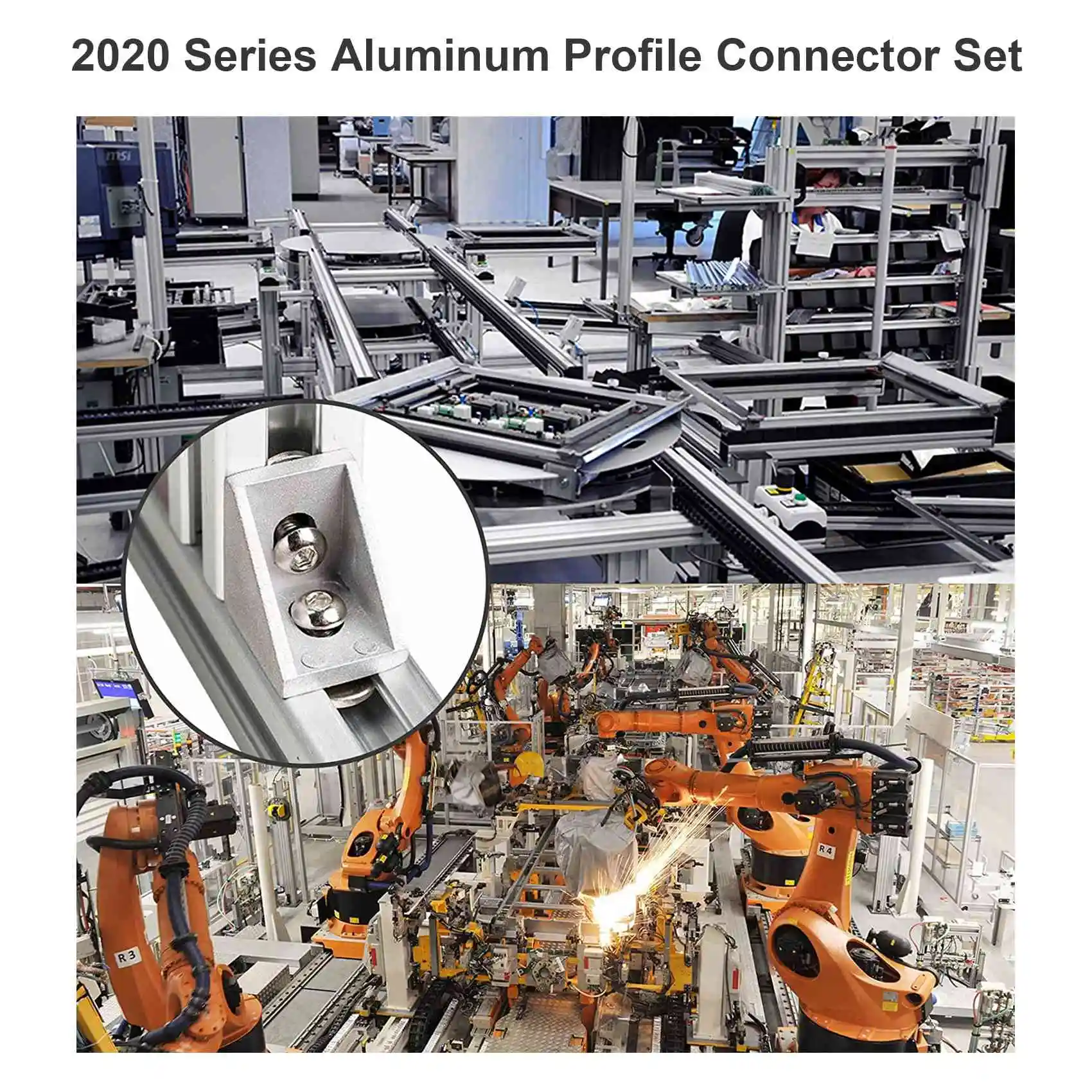 Ensemble de connecteurs de profilés en aluminium série A20Q-2020, 20 supports d'angle, 40 écrous à fente en T M5 x 10 mm, 40 capuchons hexagonaux M5x10 mm