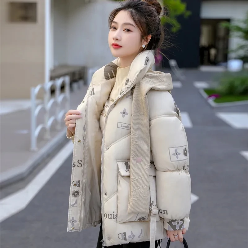 

2025 Autumn/Winter New Women's Print Letter Down Cotton Jacket Female Loose Thick Short Coat Student Warm Cotton Casual Jackets