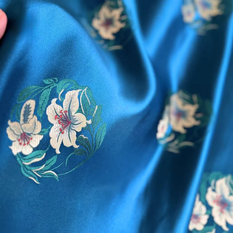 L100cm X W74cm Chinese Style Silk Like Blue Jacquard Fabric Embroidery Handmade Sewing DIY Home Craft Breathable Soft Apparel