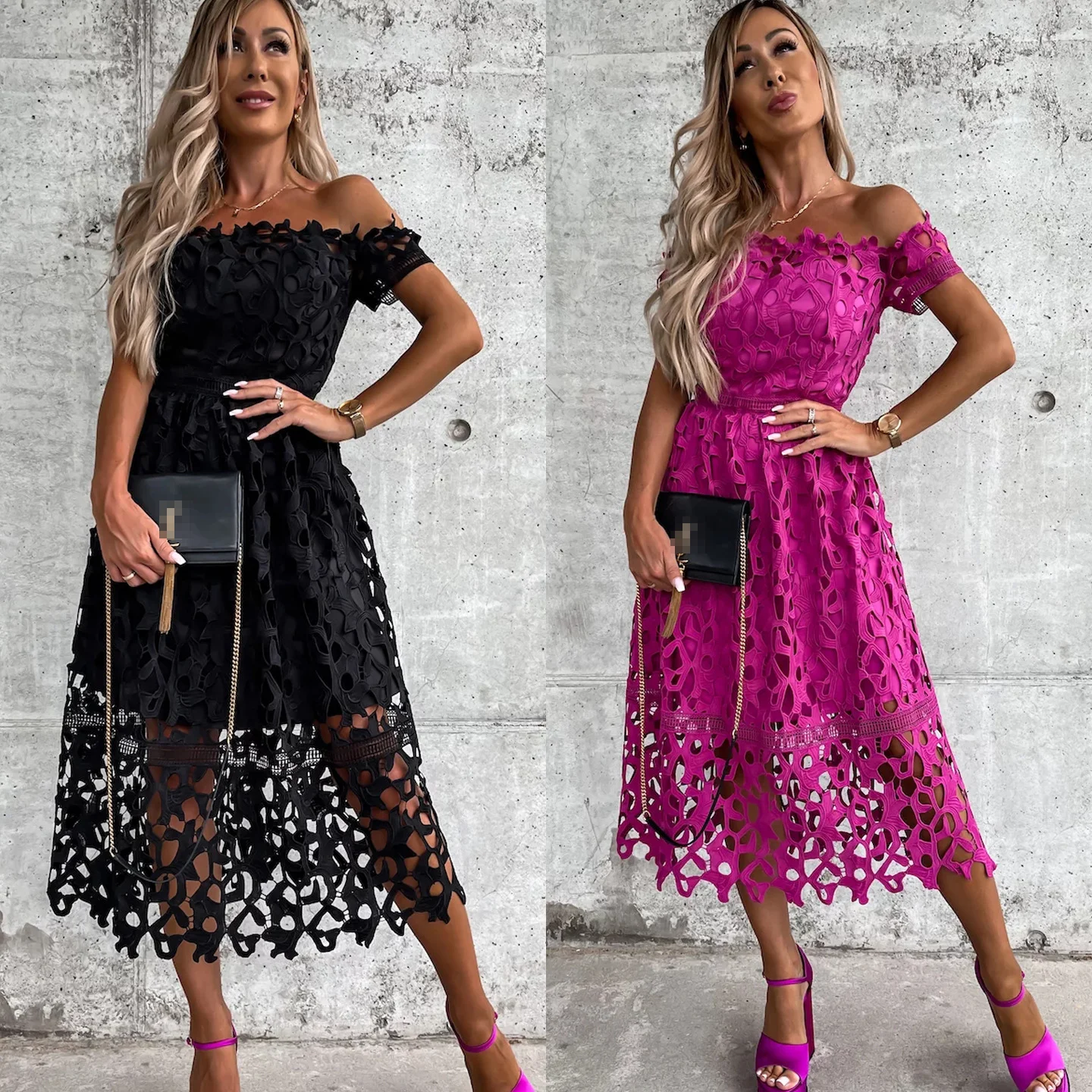 

Women's Dresses 2026 Spring and Summer New Sexy Off-The-Shoulder Fashion Lace Casual Solid Color Short-Sleeved Loose Dress