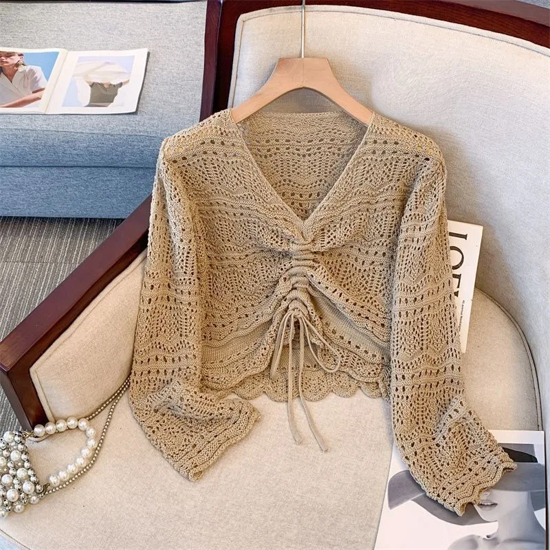 Women Knit Pullover Korean Fashion Style Spring Summer Loose Laced Up Thin Sweater Hollow Out Drawstring Pleated Female Clothing