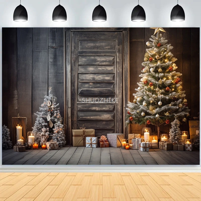 Christmas Tree With Wooden Floor Photography Backdrops Pinecones Snow Fireplace New Year Winter Holiday Party Background DT-26