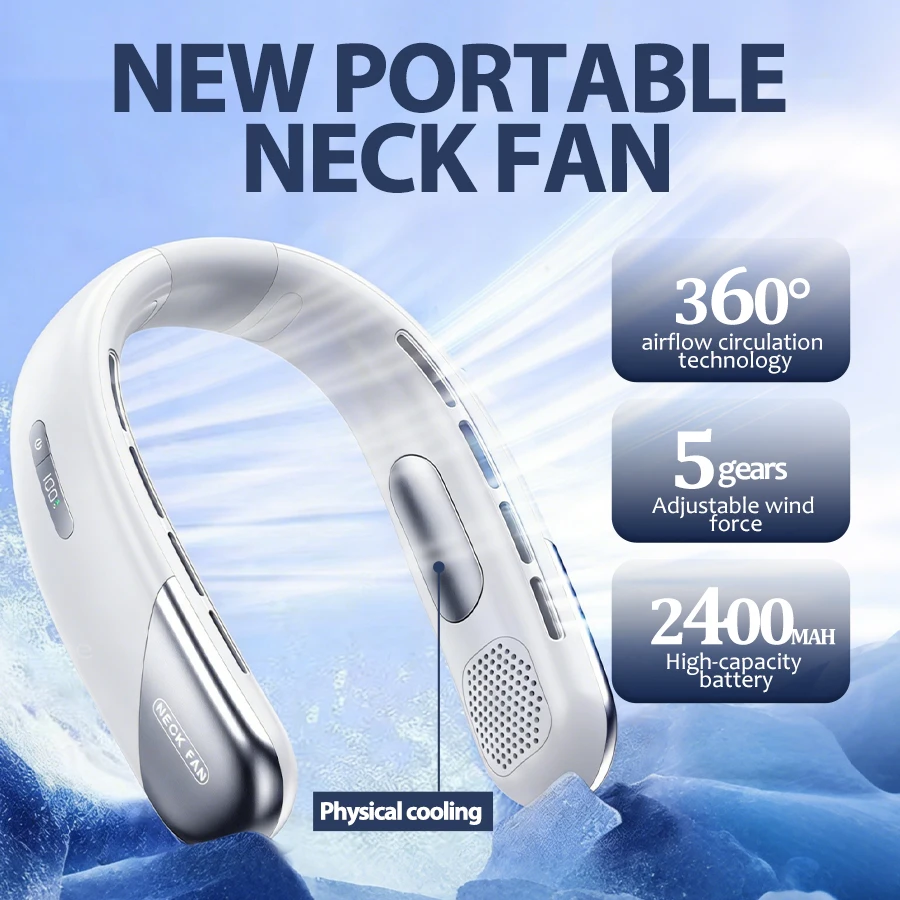 2026 LED-Display Nackenventilator, 360° °   Surround Airflow, 5 Geschwindigkeitsstufen, 2400mAh wiederaufladbar, leiser tragbarer Ventilator für Reisen