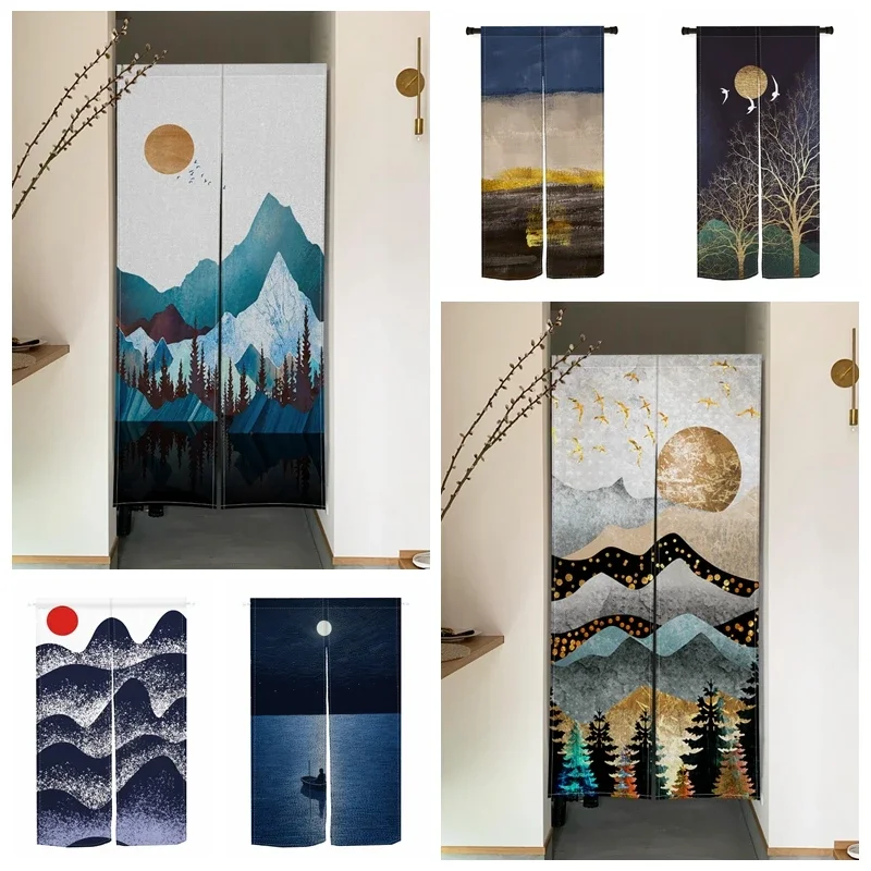 Noren Split Door Curtains Mountain Sun Moon Velcro Door Curtains Izakaya Entryway Partition Screens Kitchen Hanging Half-curtain