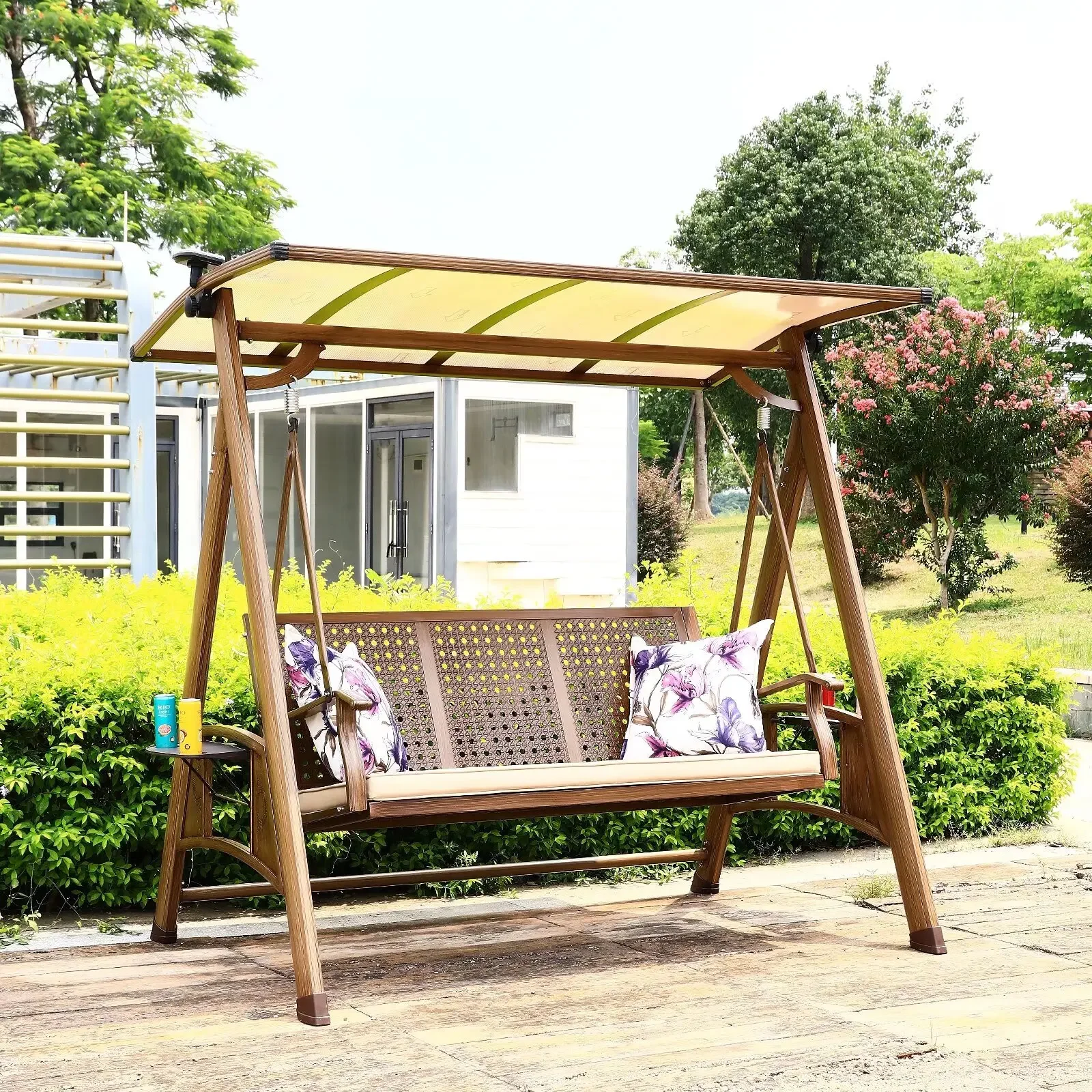 Outdoor Courtyard Leisure Aluminum Alloy Wood Grain Color Family Villa Balcony Residential Garden Waterproof Sun Swing