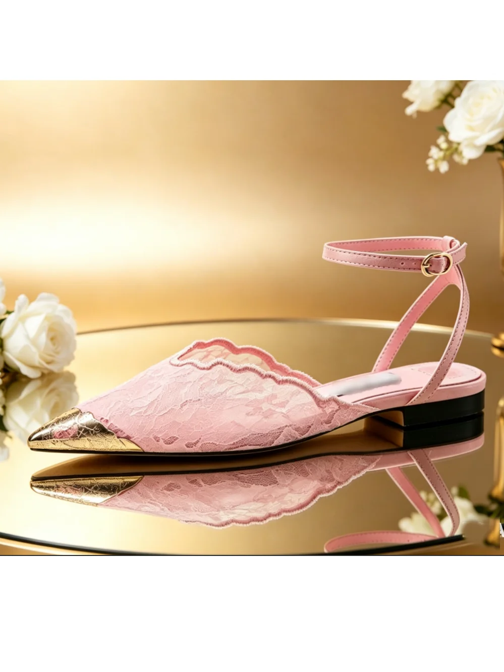 

2026 Fashion Lace Sequin Hollow Out Mesh Women Pumps Sexy Pointed Toe Designer Low Heels Slingback Sandals Ladies Shoes