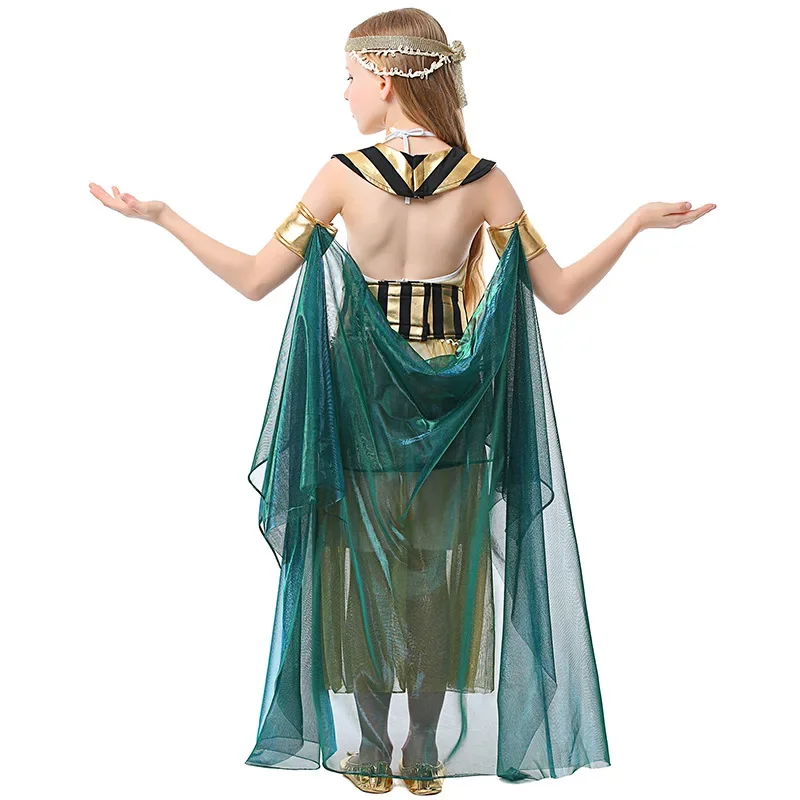 Umorden Halloween Cleopatra Costume for Girls Child Kids Egypt Nile Queen Gold Dress Green Cloak Purim Party Book Day Cosplay