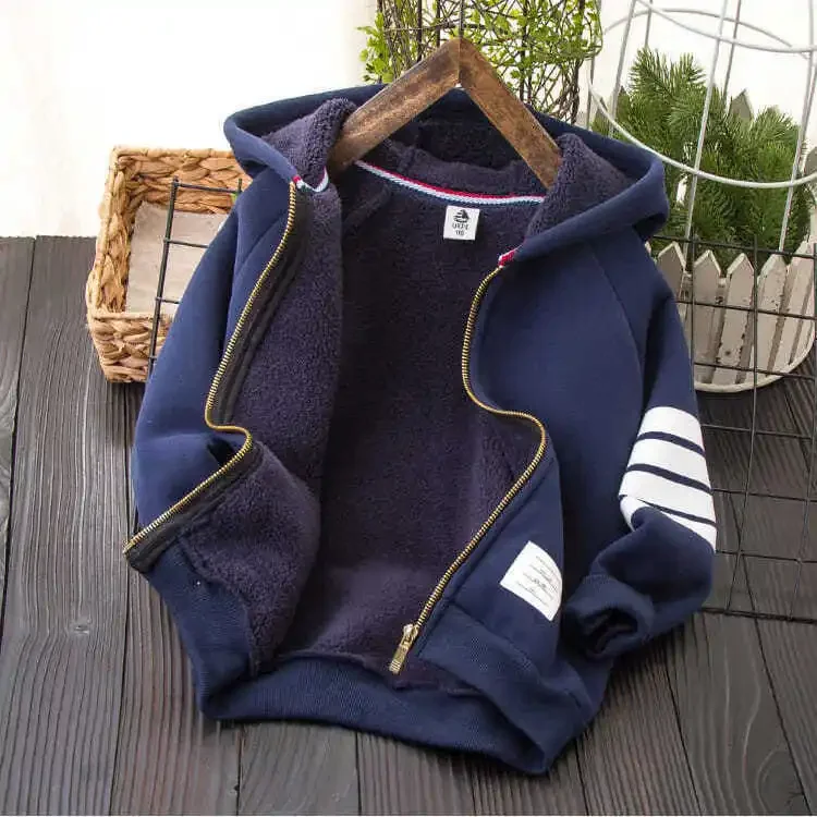 Boys' Coat Thickened Autumn and Winter Children's Hooded Cardigan Sweater Fleece-Lined Boy Jacket 2022 New