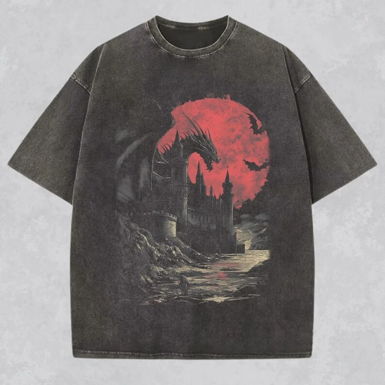 Dragon Shirt Medieval Graphic T-shirt Cozy Colored Men Ladies Gift Dark Fantasy T-shirt Gothic Outfit Grunge Book T-shirt Tops